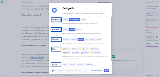 Set tone and goals on Grammarly