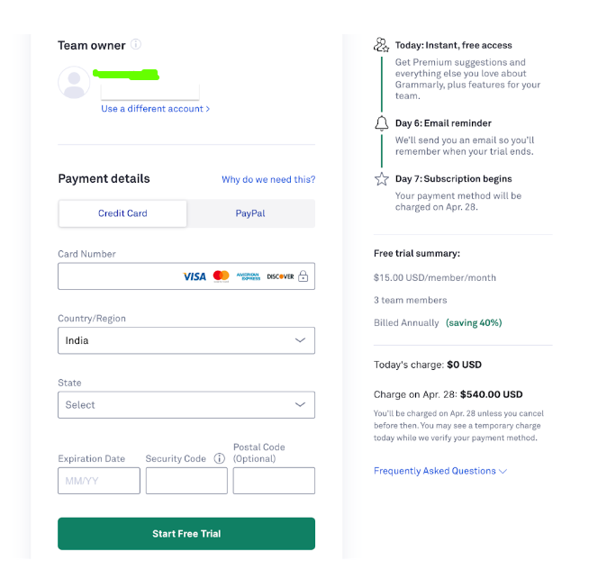 Grammarly Checkout Page